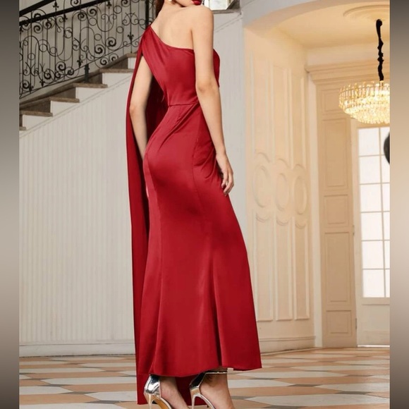 Luxe light gray one shoulder party formal evening wedding prom satin dress - Picture 7 of 16